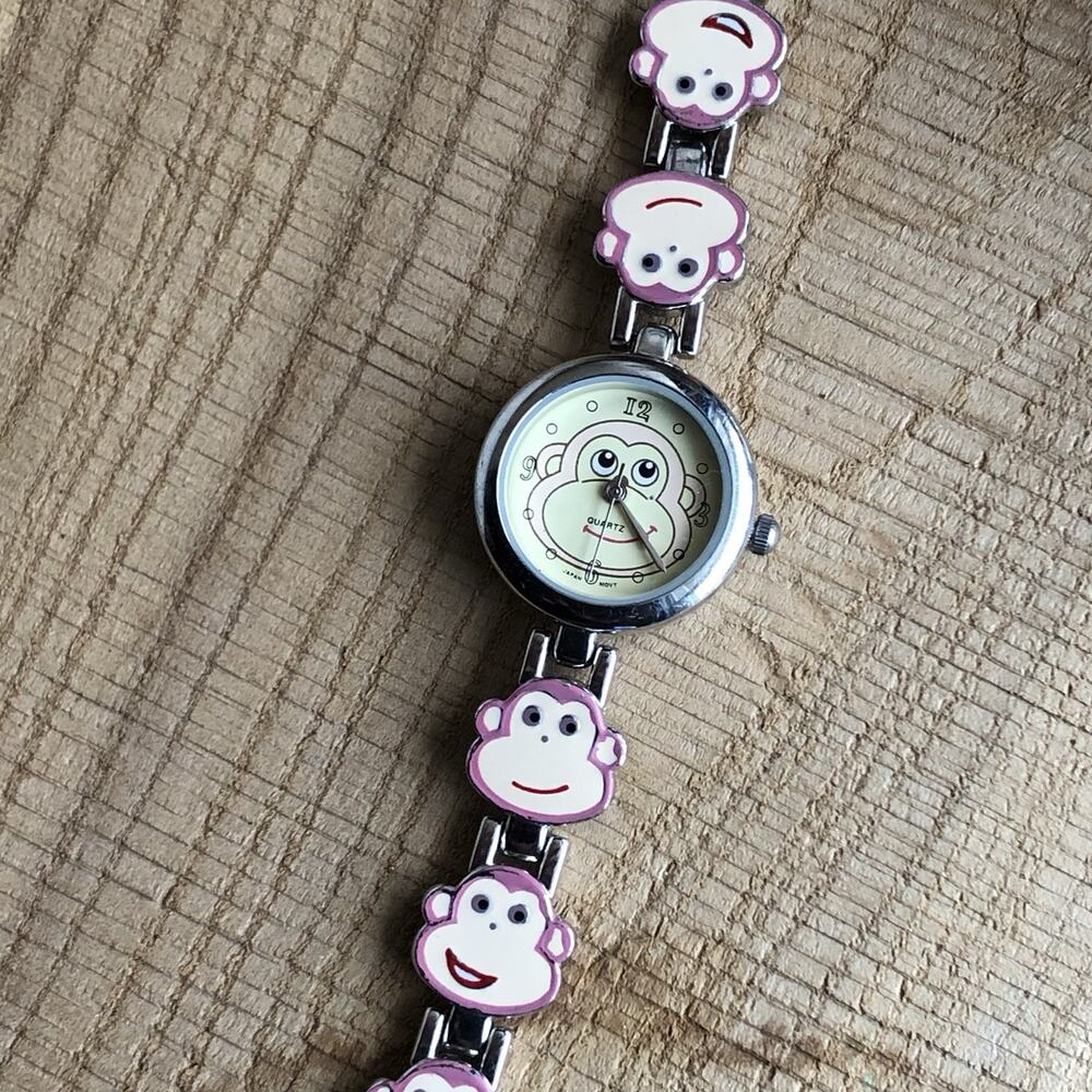 Pink Monkey Face Watch Bracelet Quartz‎ Girls Kids Enameled Metal Retro Cute